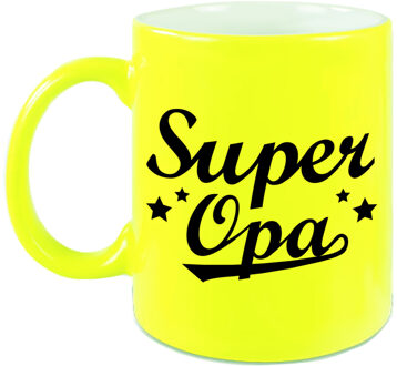 Super opa cadeau mok / beker neon geel 330 ml - feest mokken
