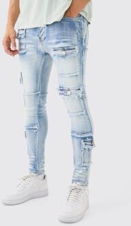 Super Skinny Stretch Distressed Multi Pocket Jeans In Light Blue, Light Blue - 32R
