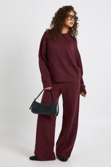Super Soft Crew Neck Gebreide Chunky Cardigan En Wijde Broek Co-Ord, Burgundy
