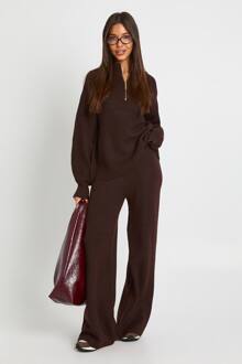 Super Zacht Rits-Hals Oversized Trui En Broek Met Wijde Pijpen Co-Ord, Chocolate - S