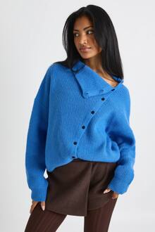 Super Zachte Asymmetrische Trui Met Knopen En Hoge Kraag, Cobalt