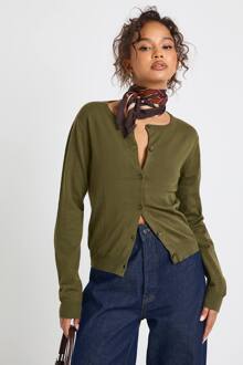 Super Zachte Lichtgewicht Gebreide Ronde Hals Cardigan, Khaki - M