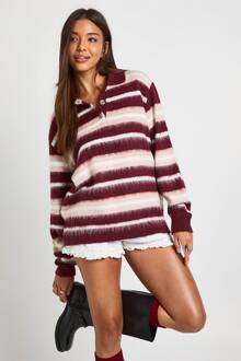 Super Zachte Multi-Streep Kraagdetail Oversized Trui, Burgundy
