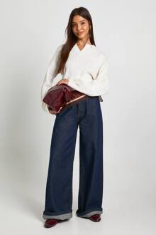 Super Zachte V-Hals Met Kraag Gebreide Trui, Cream - S