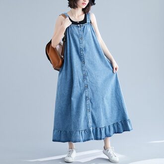 Superaen Koreaanse Lange Denim Jurken Voor Vrouwen Dames Ruches Casual Mouwloze Zomer Blauwe Lange Maxi Jurk Xl