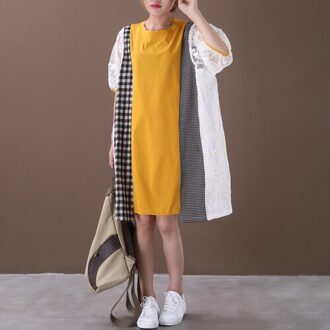 Superaen Zomer Jurk Vrouwen Koreaanse Stijl Dames Jurk Pluz Sized Plaid Stiksels Ronde Kraag Vrouwen Kleding geel