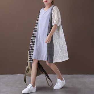 Superaen Zomer Jurk Vrouwen Koreaanse Stijl Dames Jurk Pluz Sized Plaid Stiksels Ronde Kraag Vrouwen Kleding grijs