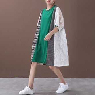 Superaen Zomer Jurk Vrouwen Koreaanse Stijl Dames Jurk Pluz Sized Plaid Stiksels Ronde Kraag Vrouwen Kleding groen