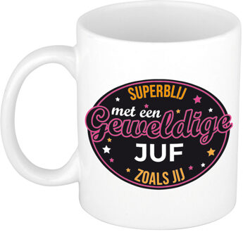 Superblij met juf cadeau mok / beker wit - bedankt / verjaardag kado - feest mokken Zwart