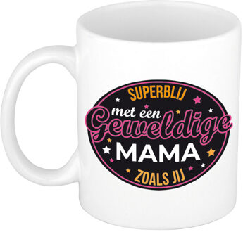 Superblij met mama cadeau mok / beker wit - kado Moederdag / verjaardag - feest mokken Multikleur