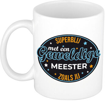 Superblij met meester cadeau mok / beker wit - kado verjaardag - feest mokken