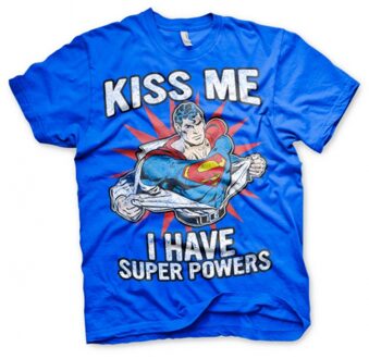 Superman heren fun blauw T-shirt Kiss me I have Superpowers Multi