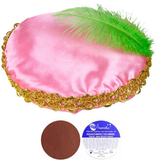 Superstar Pieten verkleedsetje - Pieten baret/muts - roze - inclusief roetveeg schmink - bruin