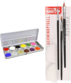 Superstar Professionele Schmink set met 12 kleuren - 3x penselen en sponsjes - voor kinderen en volwassenen