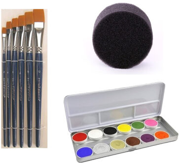 Superstar Professionele Schmink set met 12 kleuren - 6x penselen en sponsjes - voor kinderen en volwassenen