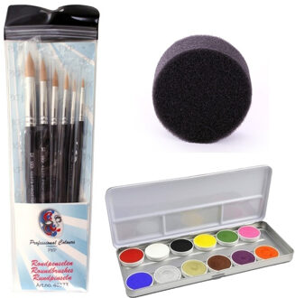 Superstar Professionele Schmink set met 12 kleuren - 6x penselen en sponsjes - voor kinderen en volwassenen