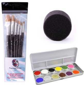 Superstar Professionele Schmink set met 12 kleuren - 6x penselen en sponsjes - voor kinderen en volwassenen