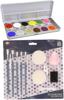 Superstar schmink set 12 basis kleuren - met grimeer gereedschap 10-delig - Kids en Adults