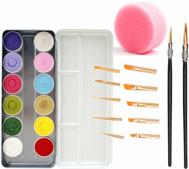 Superstar Schminken setje - schmink/grimeer palet met 12 kleuren -12x penselen/kwastjes - 2x sponsjes