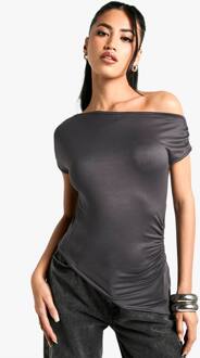 Superzacht Draperende Off-Shoulder Geraffelde Top, Charcoal - 36