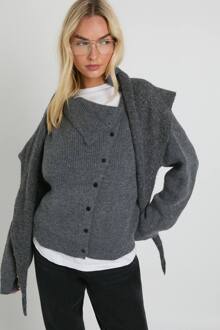 Superzachte Asymmetrische Trui Met Hoge Kraag En Knoopdetail, Charcoal