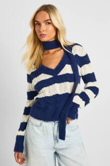Superzachte Chunky Streep V-Hals Trui En Sjaal, Navy - M
