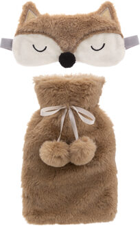 Superzachte fluffy vos warmwaterkruik en slaapmasker cadeau set bruin - Kruiken