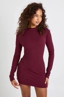 Superzachte Minijurk Met Lange Mouwen En Gerafelde Afwerking, Burgundy - 40