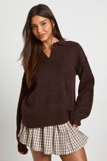Superzachte V-Hals Gebreide Trui Met Kraag, Chocolate - S