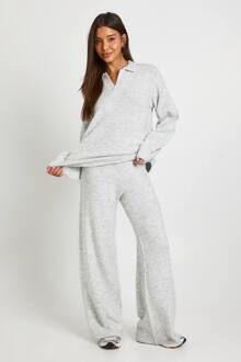 Superzachte V-Hals Met Kraag Gebreide Trui En Rechte Broek Co-Ord, Grey - S