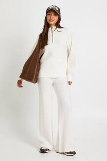 Superzachte Zip-Hals Oversized Trui En Wijde Pijpen Broek Co-Ord, Cream - M