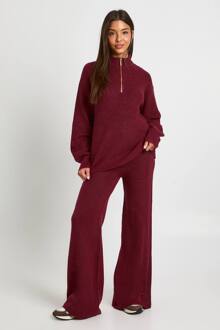 Superzachte Zipkraag Oversized Trui En Wijde Pijpen Broek Set, Burgundy