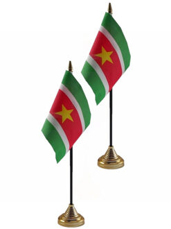 Suriname tafelvlaggetjes - 2x stuks - 10 x 15 cm - met gouden standaard - H27 cm - versiering