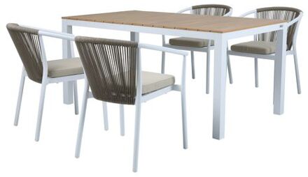 Suvi Tuinset met 4 stoelen in Wit & Teak look Dining set voor tuin in Aluminium / Polywood