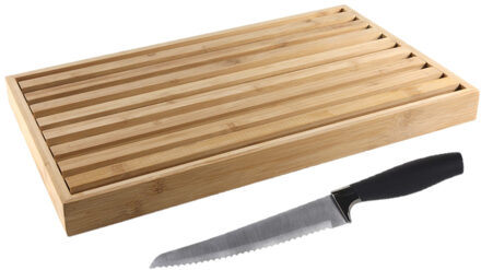 Svenska Living Bamboe houten brood snijplank met kruimel opvangbak bruin 38 cm met broodmes