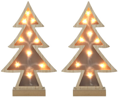 Svenska Living Decoratie kerstboom - 2x - hout - met LED verlichting - H30 cm - 10 lampjes
