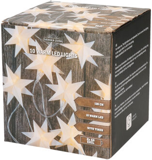 Svenska Living Kerstverlichting - lichtsnoer - 10x witte sterren - op batterijen - 135 cm - kerstverlichting