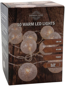 Svenska Living Lichtsnoer met 10 witte glitter bolletjes D5 cm warm wit op batterij 135 cm