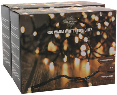 Svenska Living Set van 2x stuks kerstverlichting warm wit 480 lampjes 3600 cm - Kerstverlichting kerstboom Zwart