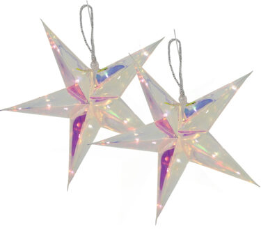 Svenska Living Verlichte kerststerren - 2x - zilver - iriserend- 26 cm - op batterijen - 10 led lampjes