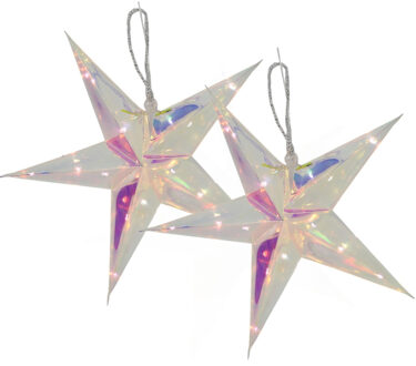 Svenska Living Verlichte kerststerren - 2x - zilver - iriserend- 34 cm - op batterijen - 15 led lampjes