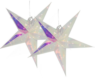 Svenska Living Verlichte kerststerren - 2x - zilver - iriserend- 53 cm - op batterijen - 20 led lampjes