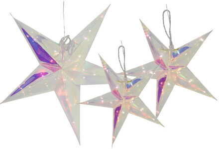 Svenska Living Verlichte kerststerren - 3x st - 26, 34 en 53 cm - zilver - iriserend - op batterijen - led
