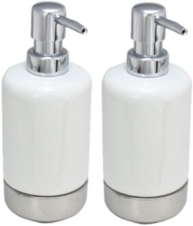 Svenska Living Zeeppompje/dispenser - 2x - wit met zilver - keramiek - 300 ml - navulbaar - keuken/t