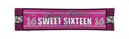 Sweet 16 verjaardag thema spandoek - roze/zwart - 180 x 40cm - 16e verjaardag versiering - Feestbanieren Multikleur