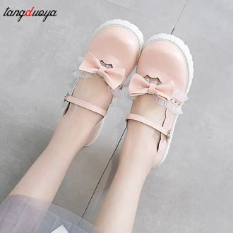 Sweet Bow Lolita Shoes Mary Jane Shoes Woman Lace Low Heel Pumps Women Pink Lolita Shoes Ladies JK Uniform shoes women 2020