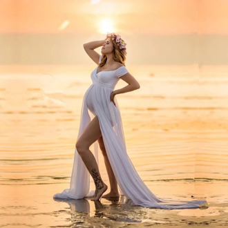 Sweet Heart Chiffon Maternity Bodysuits Dresses Summer Pregnant Women Bodysuit with Long Dress Pregnancy Photography Outfits