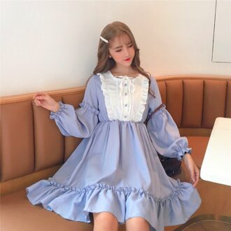Sweet Lolita Japanse College Stijl Meid Leuke Lace Contrast Stiksels Losse Wilde Zachte Meisje Jurk licht blauw