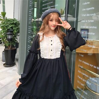 Sweet Lolita Japanse College Stijl Meid Leuke Lace Contrast Stiksels Losse Wilde Zachte Meisje Jurk zwart