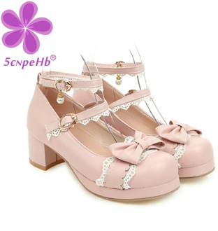 Sweet Lolita Princess Mary Janes Shoes Bowtie Lace Ruffles Cross Tied Strappy Cosplay Uniform Pumps Women Wedding Party Girls